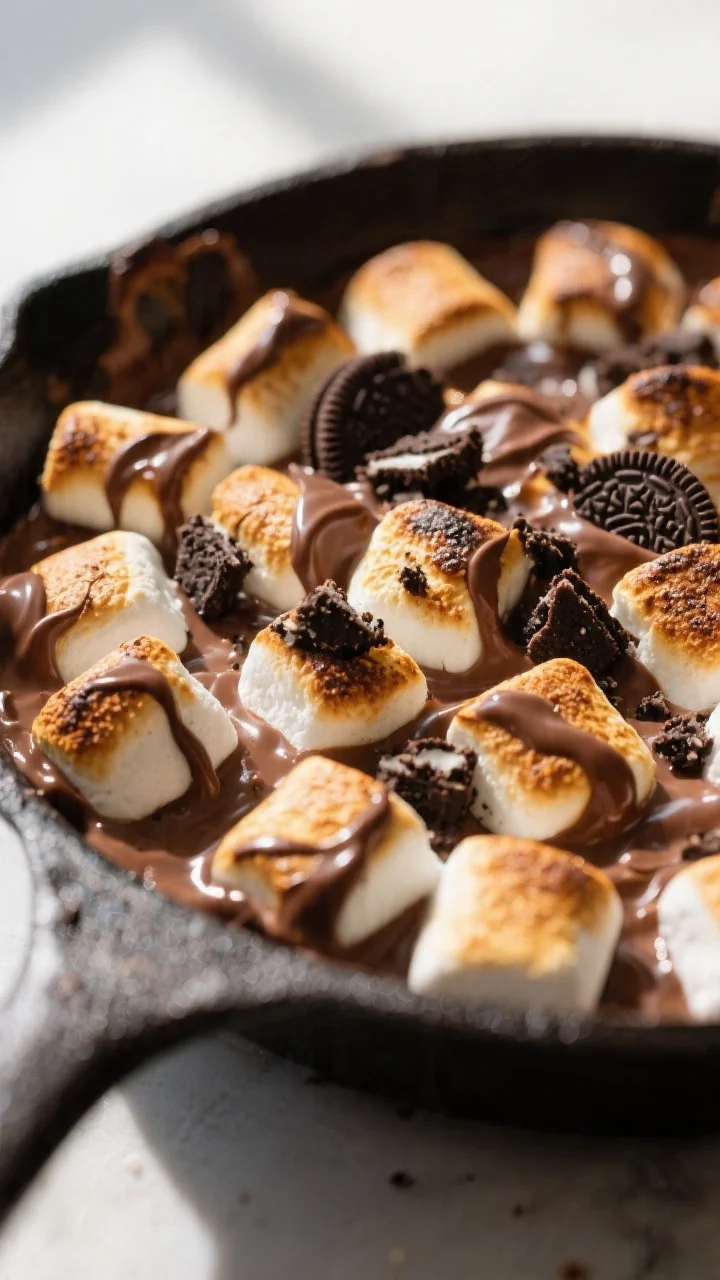 Close-up detail: Gooey Oreo S’mores Dip just out of the oven, showcasing blistered, golden-brown m