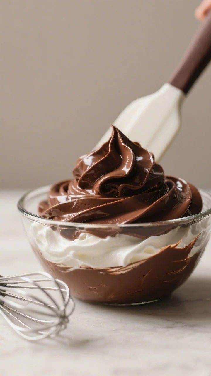 Close-up detail: Silky chocolate mousse mid-fold in a glass mixing bowl, showing glossy, lukewarm me