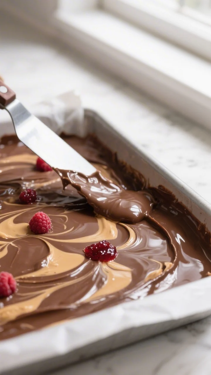 Close-up detail: Thick, glossy peanut butter–chocolate fudge being spread into a parchment-lined 8