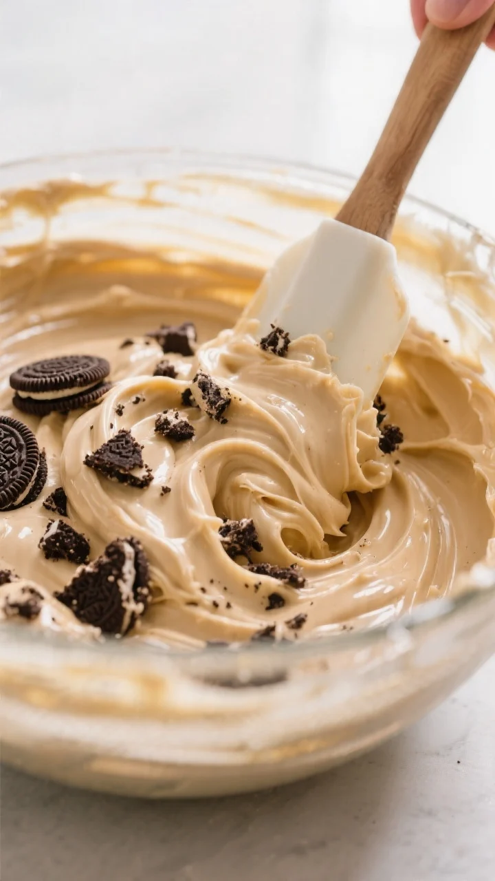 Close-up detail: Thick, glossy peanut butter white-chocolate fudge being folded with chunky Oreo pie
