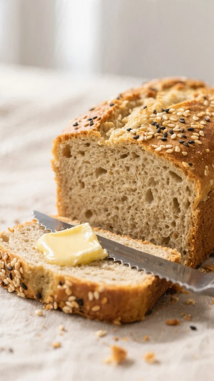 Close-up detail: Ultra-close shot of a freshly baked keto almond flour loaf sliced with a serrated k
