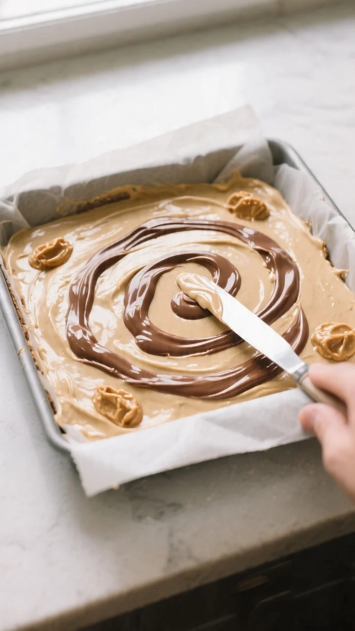 Cooking process: Batter spread in an 8×8 parchment-lined pan with dollops of gently warmed peanut b