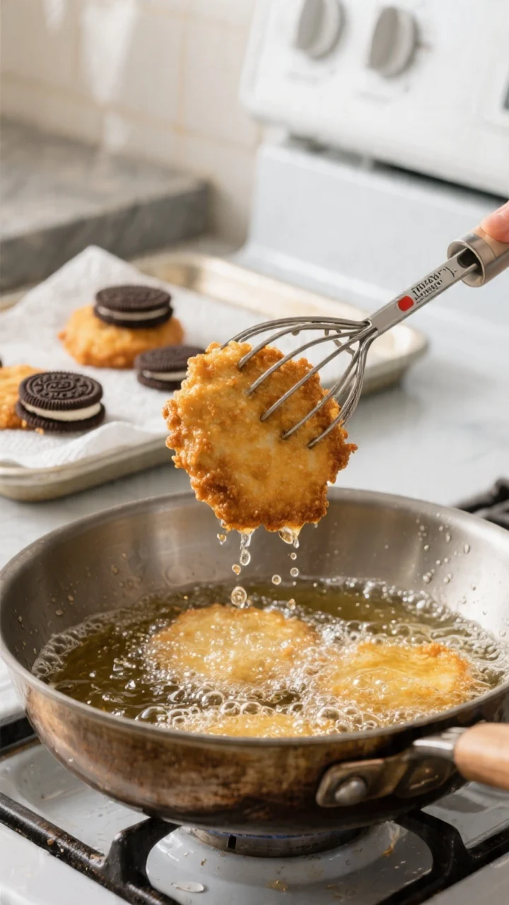 Cooking process: Battered Oreos gently frying in 350–360°F oil, captured mid-sizzle with tiny bub