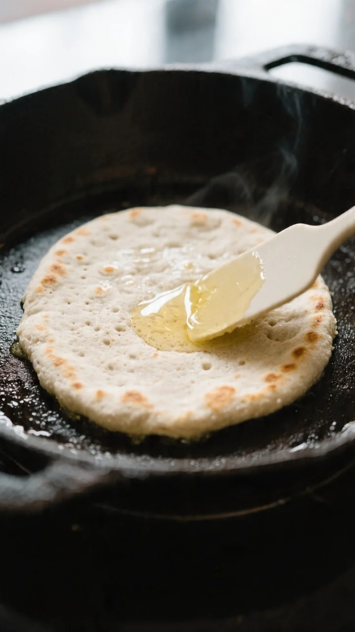 Cooking process close-up: A 7-inch coconut flour flatbread cooking in a well-seasoned cast-iron skil