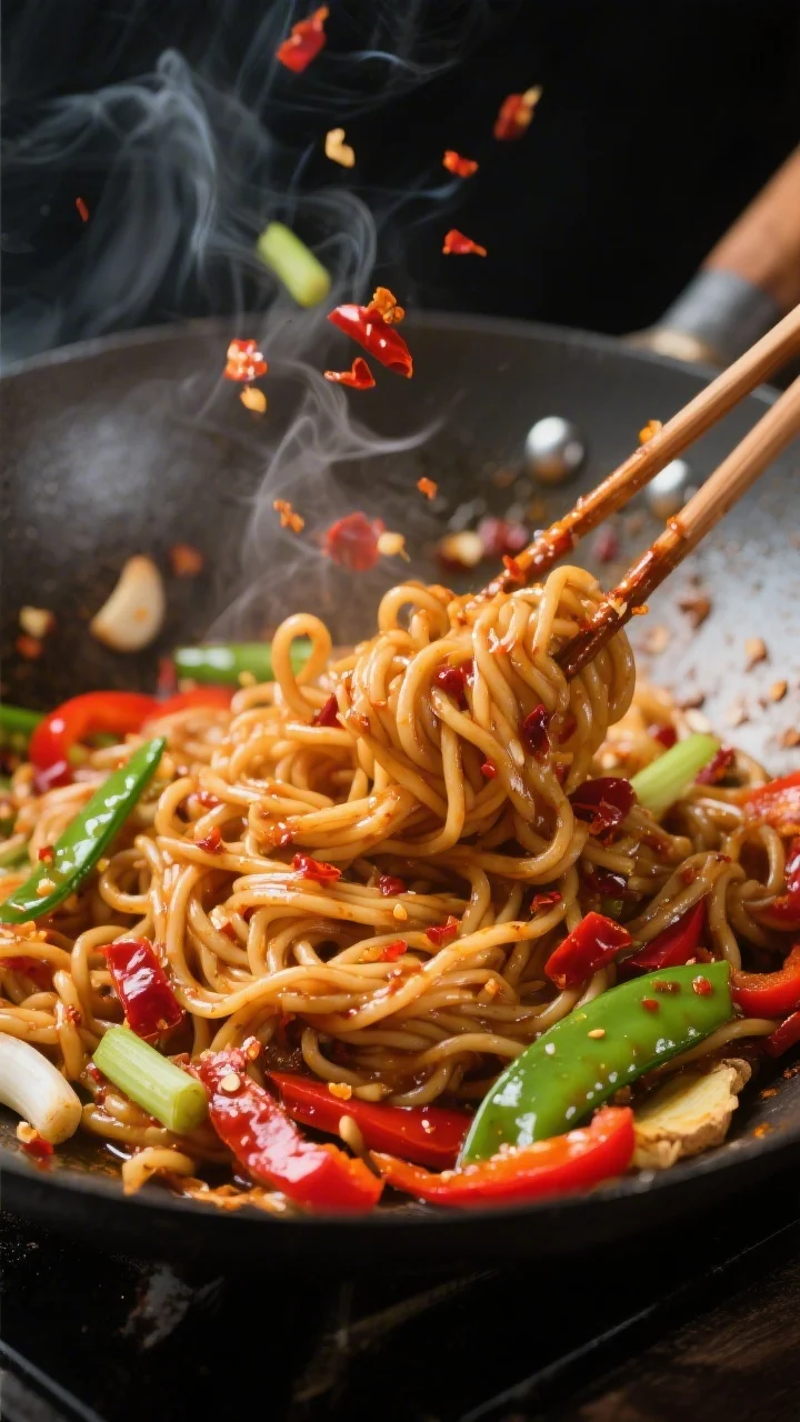 Cooking process close-up: Chili garlic noodles being tossed in a sizzling wok, glossy wheat noodles 