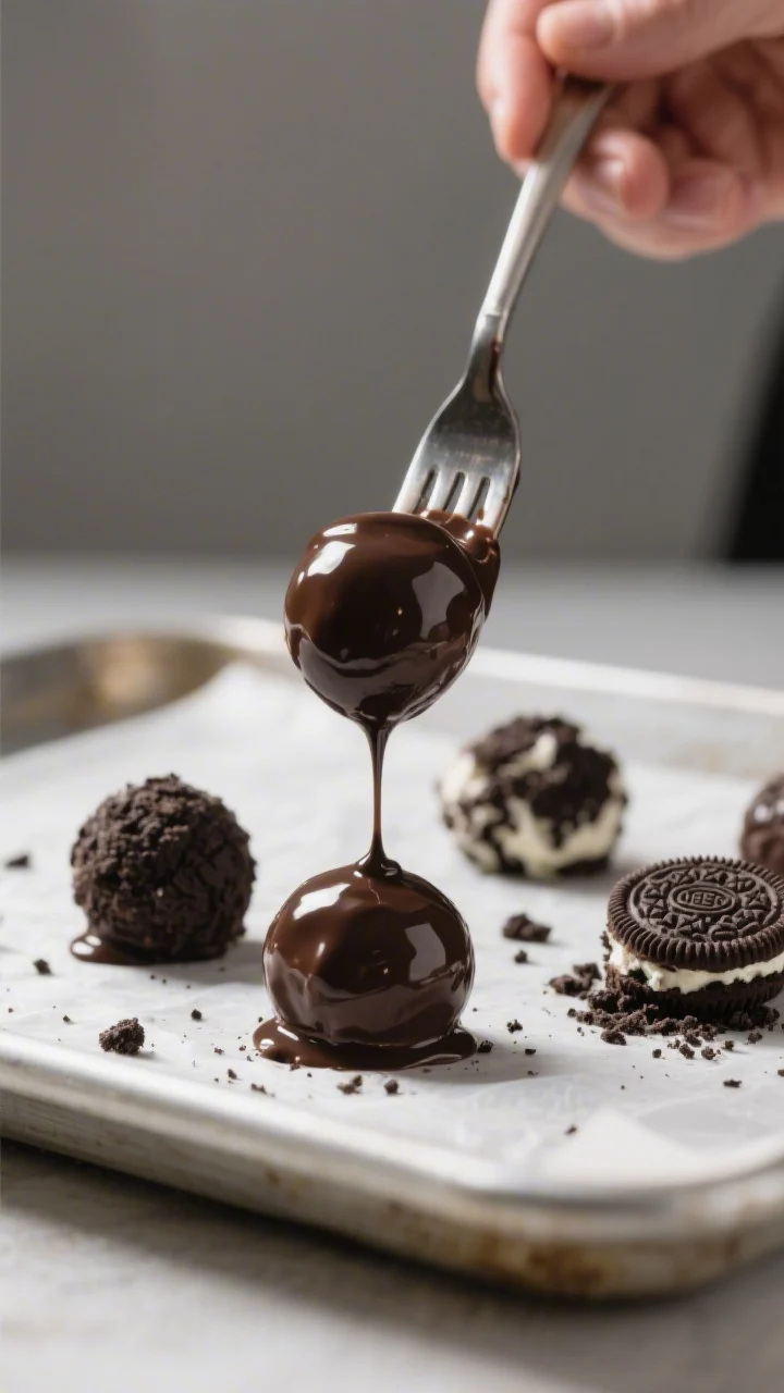 Cooking process close-up: Chilled Oreo-cream cheese truffle balls being dipped in glossy melted dark