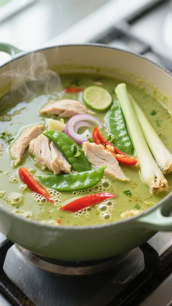Cooking process, close-up detail: A steaming pot of Thai green curry soup at a gentle simmer, showin
