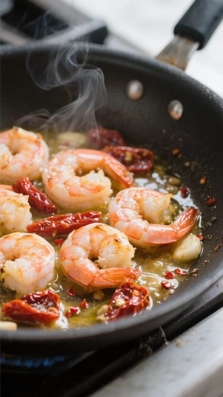 Cooking process, close-up detail: Searing large shrimp in a wide skillet, shrimp just turned pink an