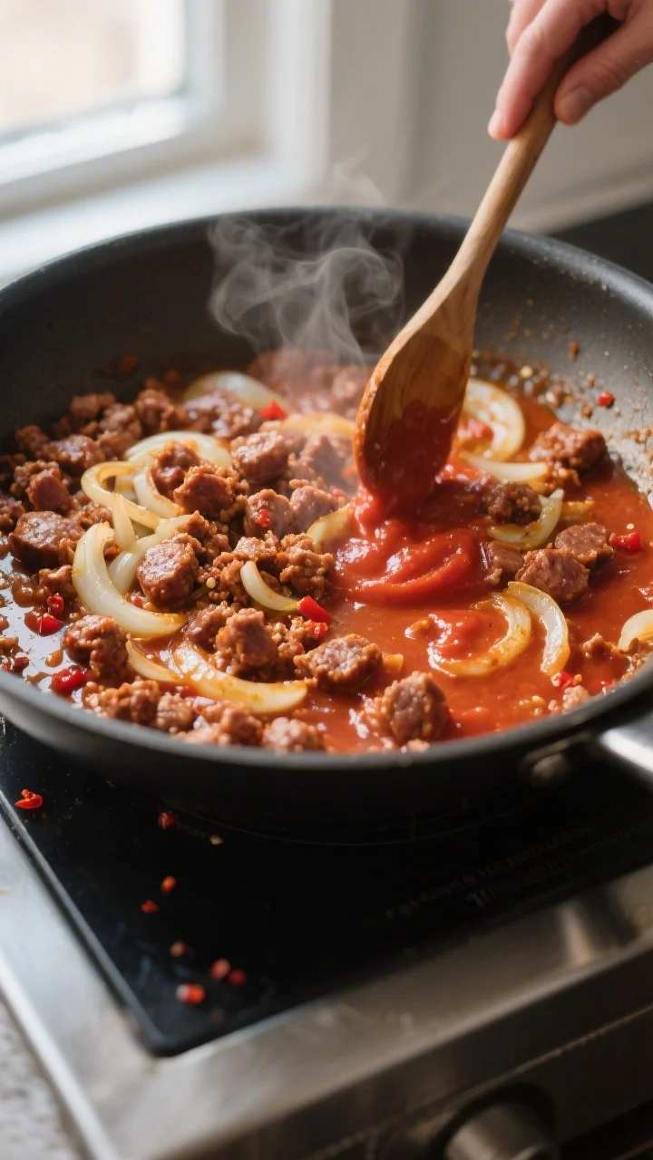 Cooking process, close-up detail: Shallow-depth, side-angle shot of browned Italian sausage crumbles
