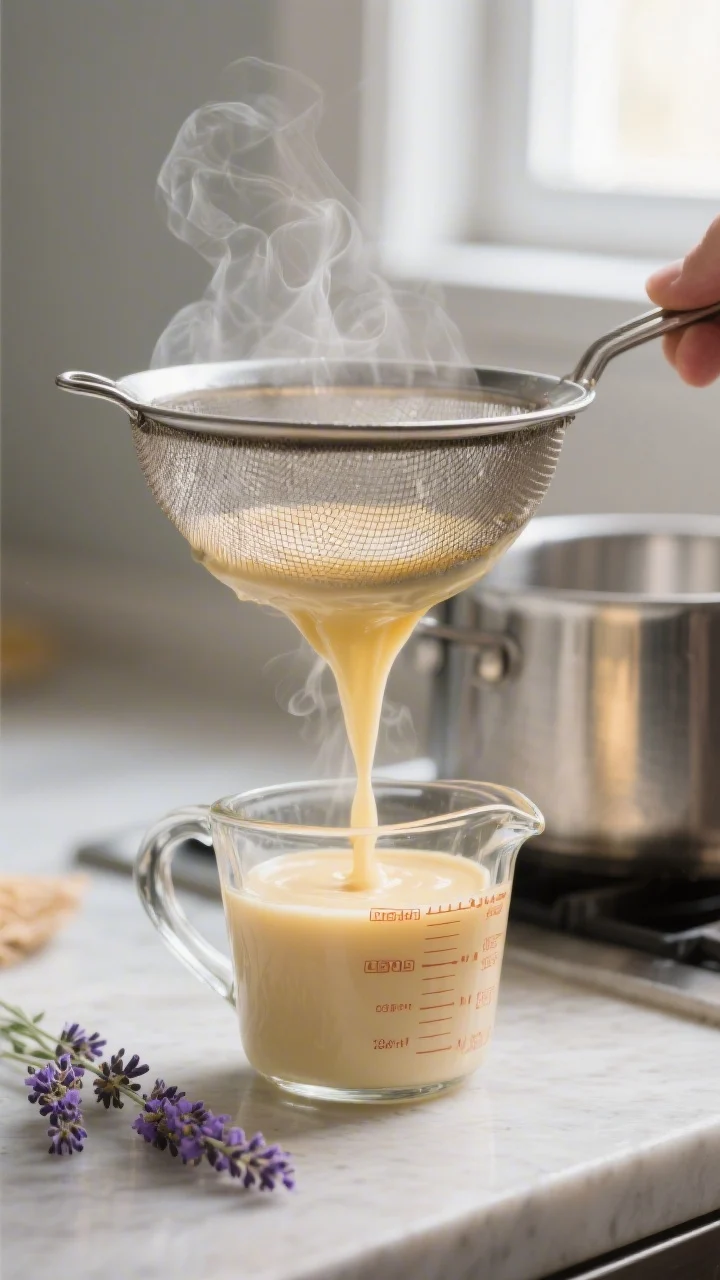 Cooking process close-up: Warm honey-lavender custard being strained through a fine-mesh sieve into