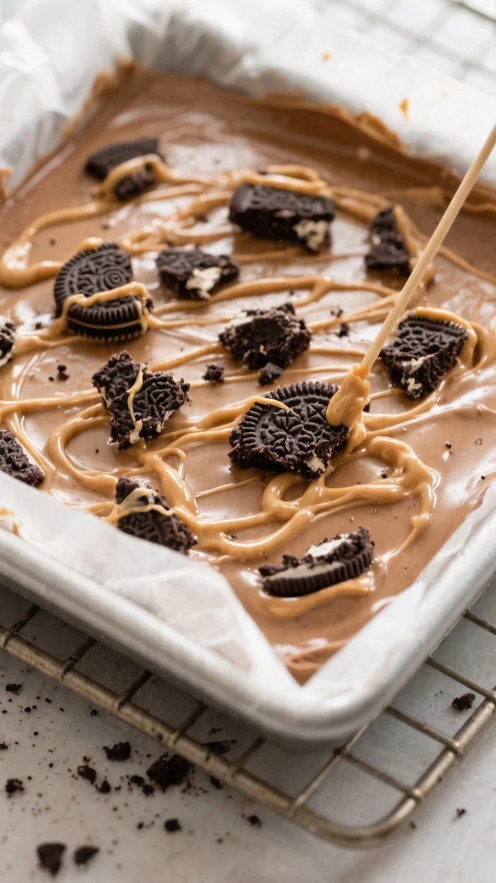 Cooking process: Freshly spread Peanut Butter Oreo Fudge in a parchment-lined 8x8 pan, surface smoot