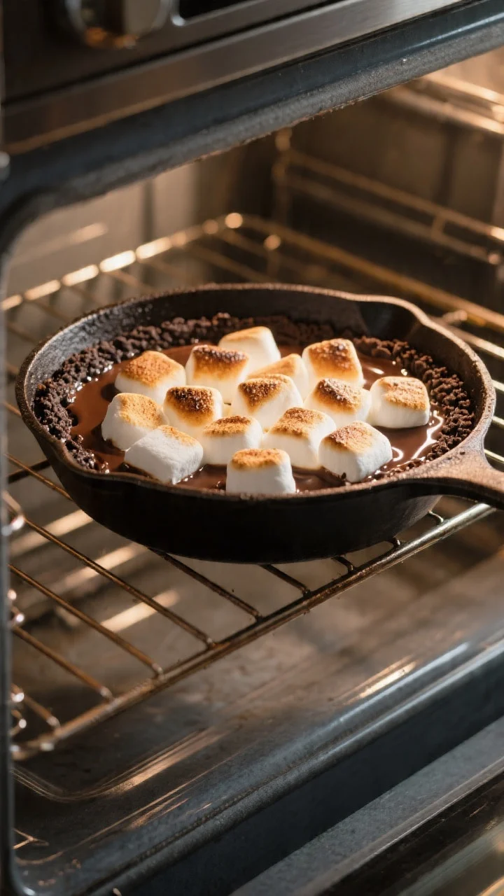 Cooking process: Mid-bake broil moment captured through an open oven with the skillet on the middle 