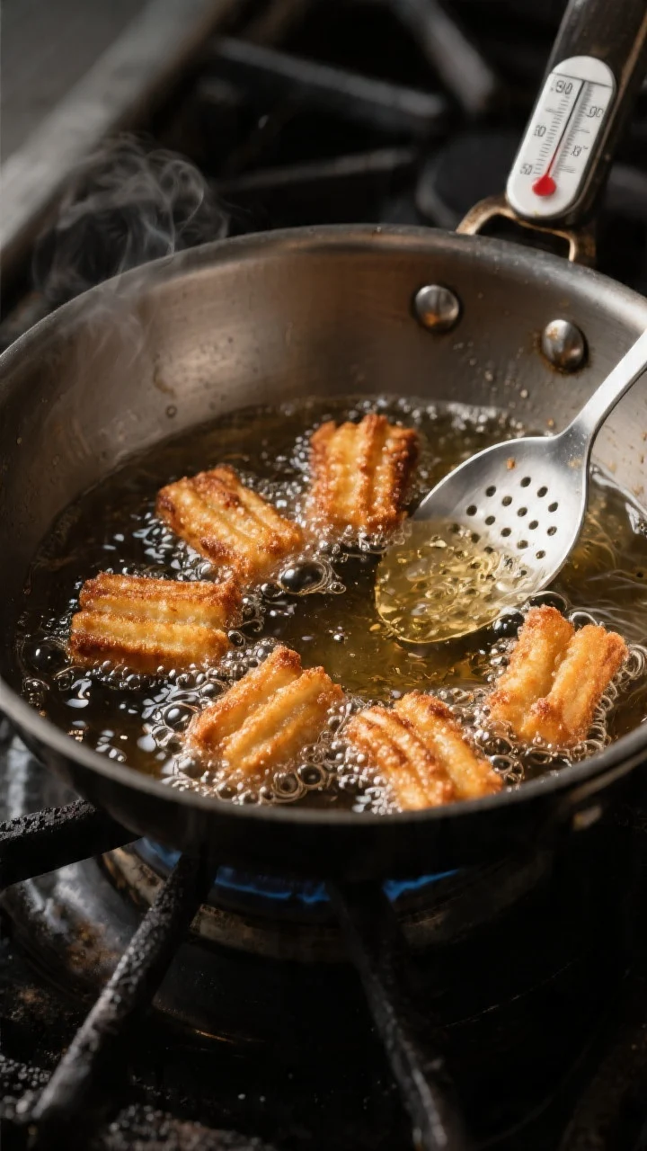 Cooking process: Oreo churro bites frying in a heavy pot at 350°F, mid-bubble with 6–8 puffed bit