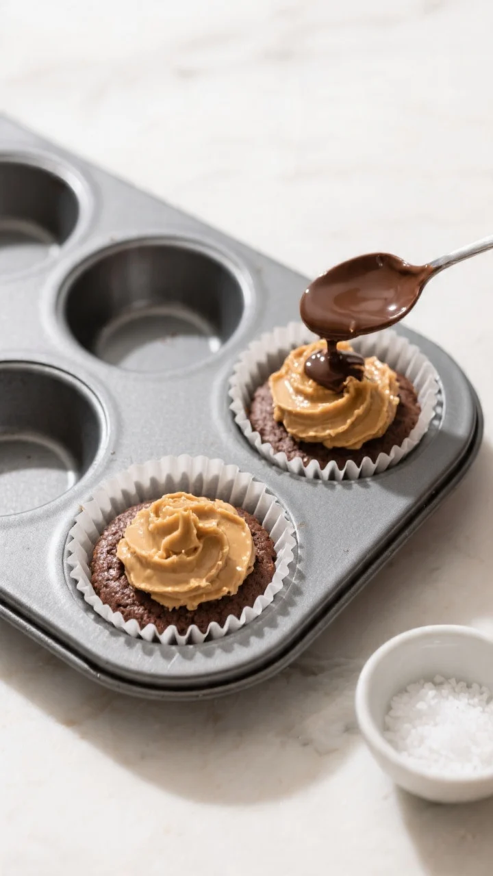 Cooking process: Overhead shot of a mini muffin tray lined with paper cups showing the first two set