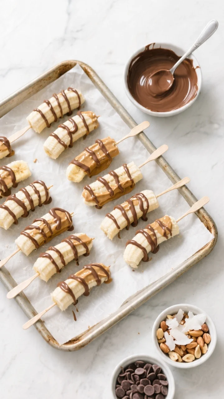 Cooking process: Overhead shot of a parchment-lined baking sheet filled with freshly coated banana p