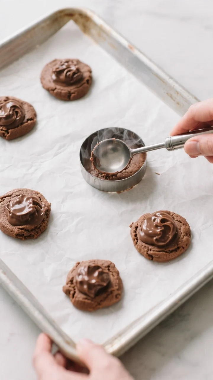 Cooking process: Overhead shot of a parchment-lined baking sheet fresh from the oven with bakery-siz