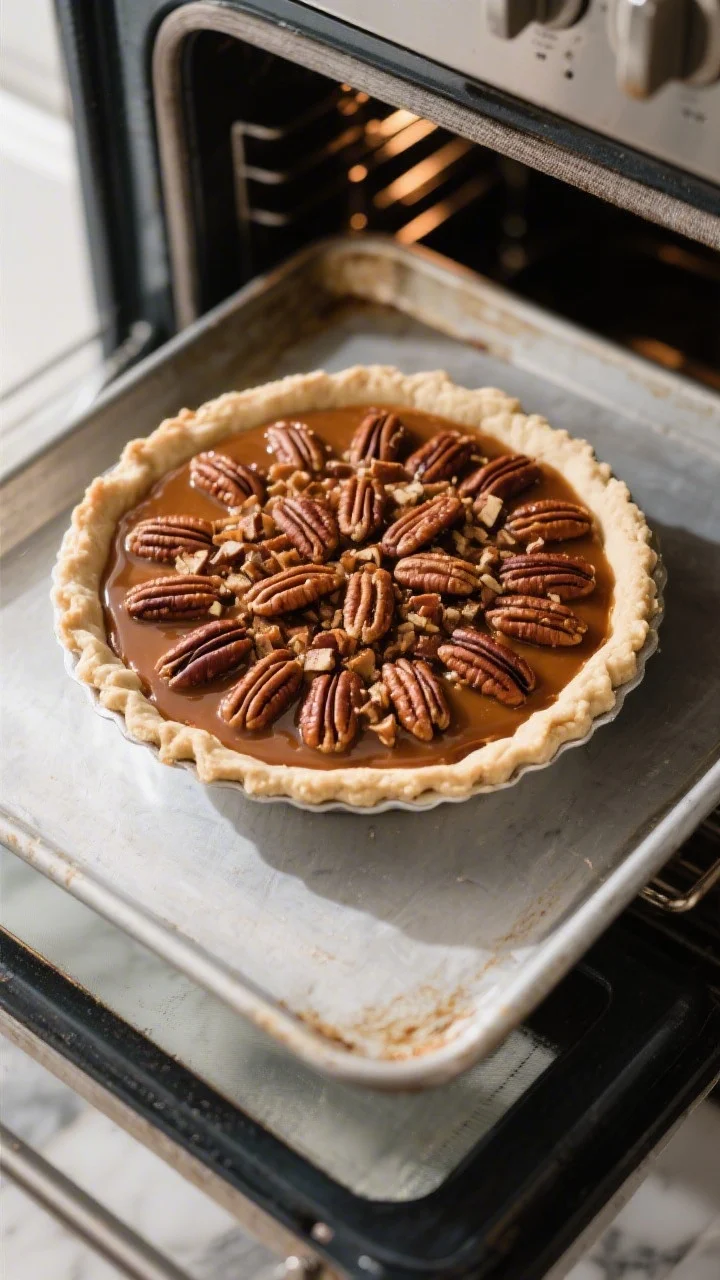 Cooking process: Overhead shot of the assembled pie just before baking—par-baked crust filled with