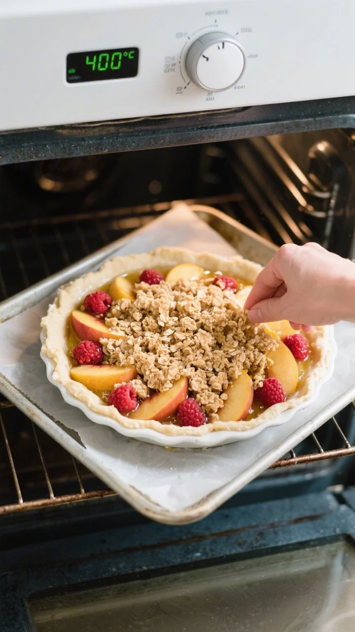 Cooking process: Overhead shot of the assembled, unbaked pie with fruit filling already macerated an