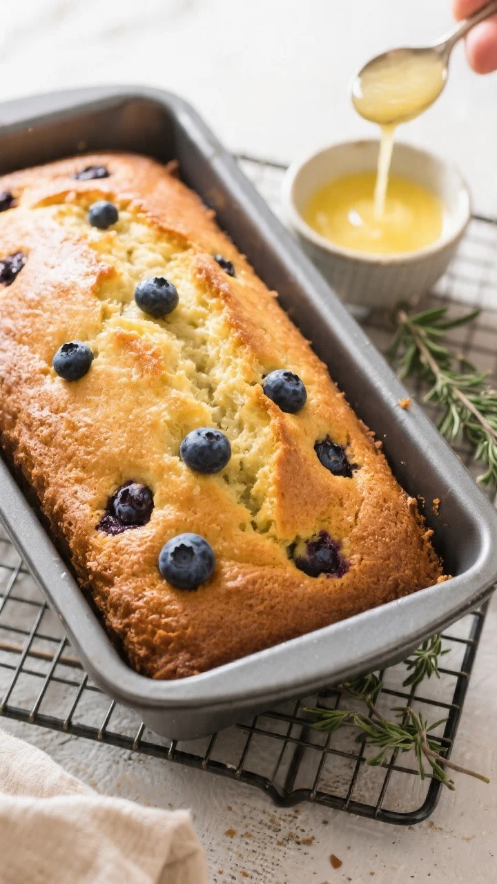 Cooking process: Overhead shot of the baked loaf just out of the pan on a wire rack, with a small bo