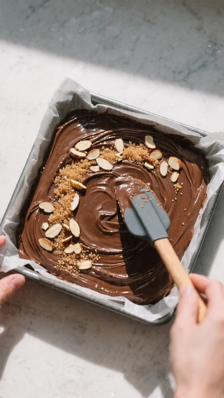 Cooking process: Overhead shot of the batter being smoothed into an 8-inch parchment-lined square pa
