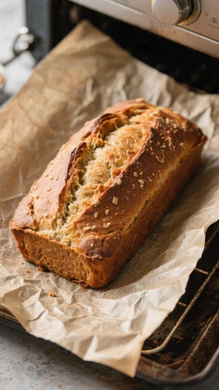 Cooking process: Overhead shot of the loaf just out of the oven in a parchment-lined