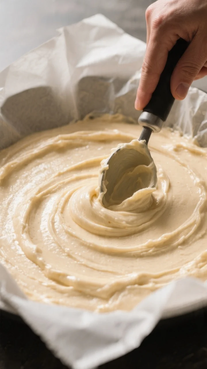 Cooking process: Overhead shot of the thick, scoopable batter being smoothed into a parchment-lined