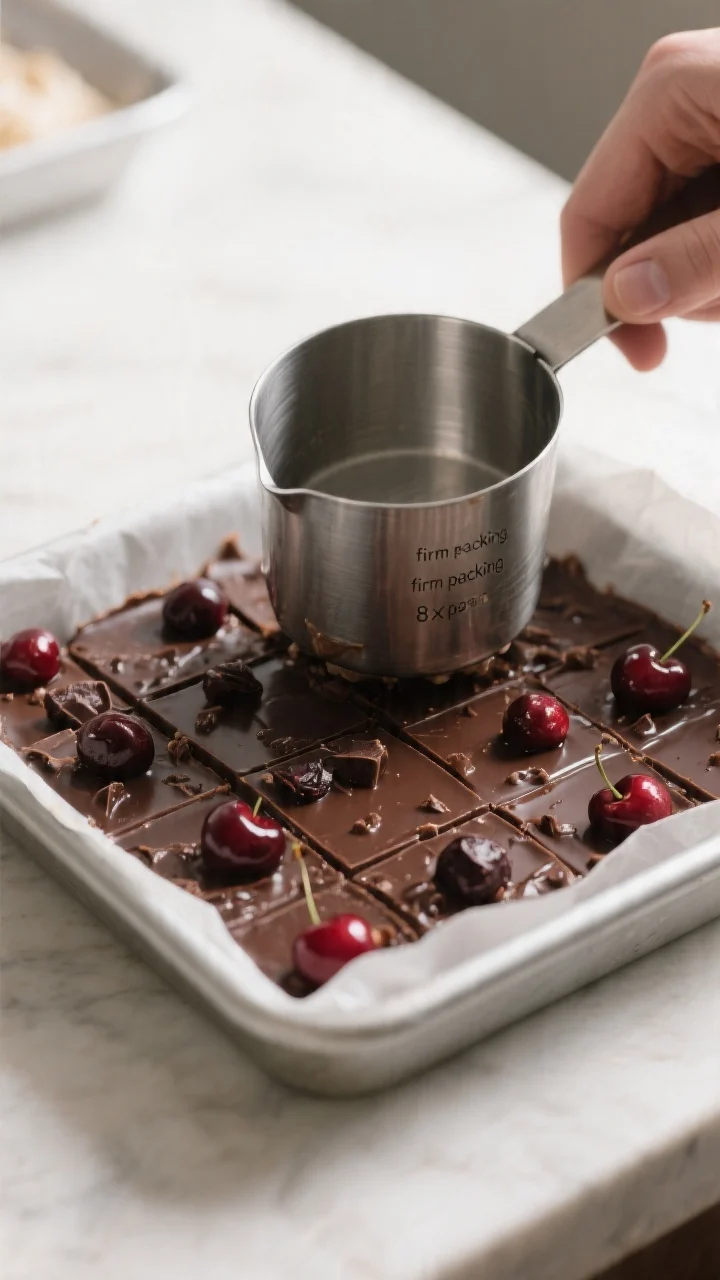 Cooking process: The bar mixture being firmly pressed into an 8x8-inch parchment-lined pan using the