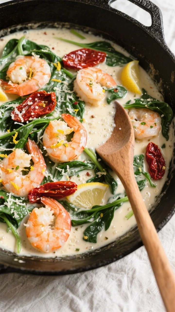Creamy sauce moment, overhead tasty top view: Tuscan shrimp simmering in a silky Parmesan cream sauc