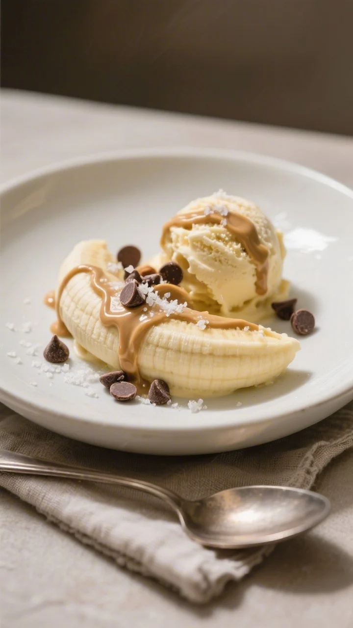 Final dish, plated: Scoopable banana ice cream quenelles in a low, matte-white bowl, topped with a p