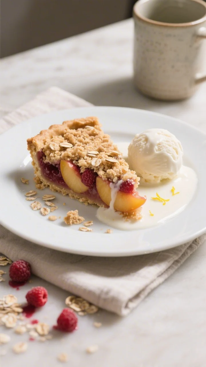 Final dish presentation: A clean slice of Peach Raspberry Crumble Pie served on a simple white plate