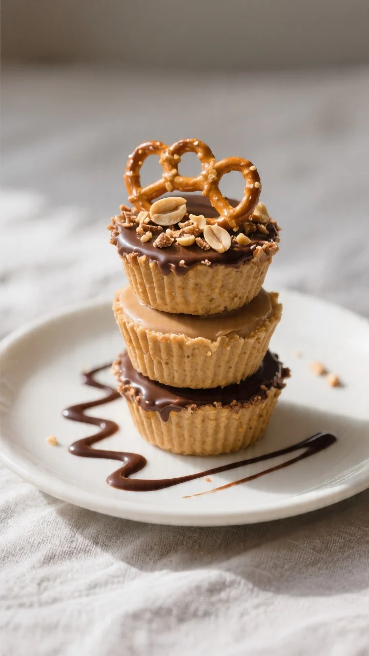 Final dish presentation: A small dessert plate with three stacked Frozen Peanut Butter Nutella Cups,