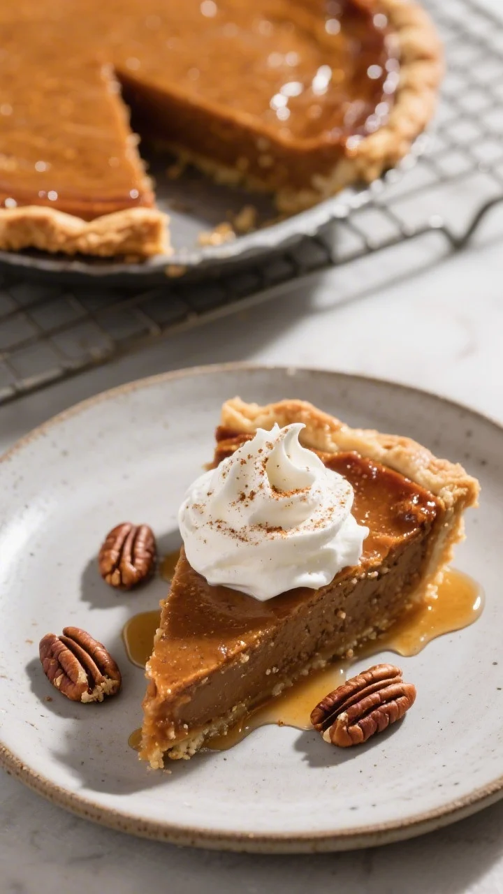 Final dish presentation: Beautifully plated Maple Bourbon Pecan Pie slice on a matte stoneware plate