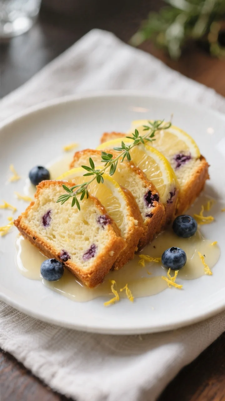 Final dish presentation: Beautifully plated slices of lemon blueberry pound cake fanned on a matte w