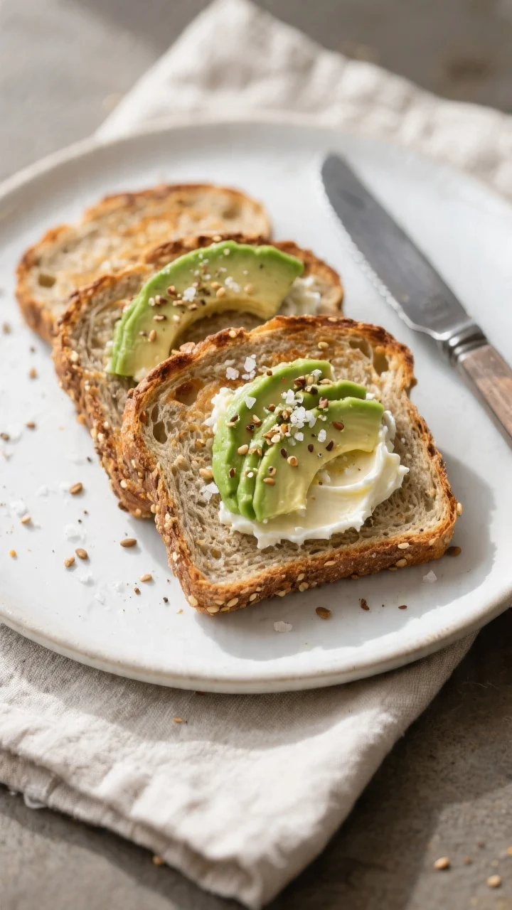 Final dish presentation: Beautifully plated slices of keto flaxseed bread (three even slices) toaste
