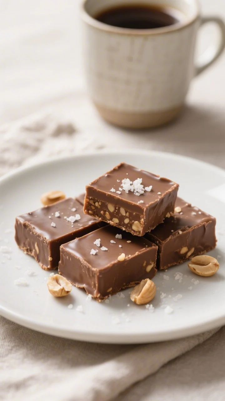 Final dish presentation: Beautifully plated squares of peanut butter chocolate fudge on a matte whit