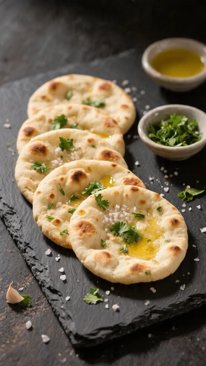 Final dish presentation: Garlic-herb variation flatbreads served mini-naan style—four 5-inch round