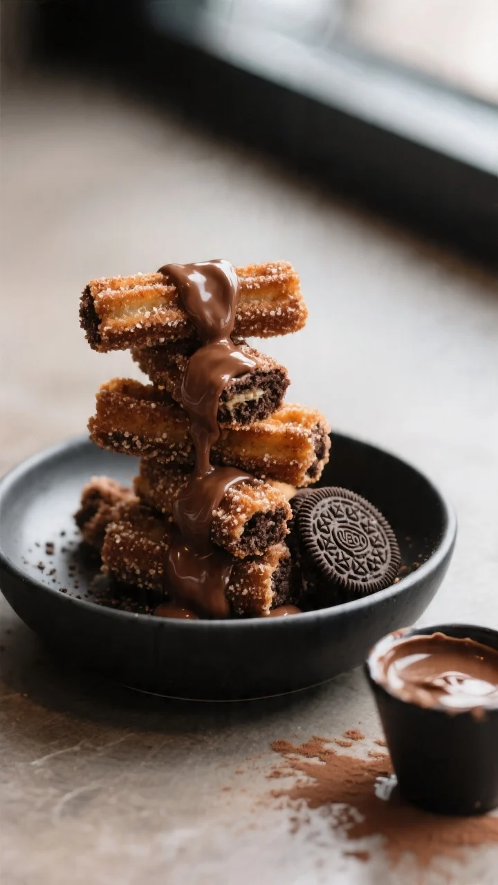 Final dish presentation: Restaurant-quality close-up of Oreo churro bites stacked in a shallow matte