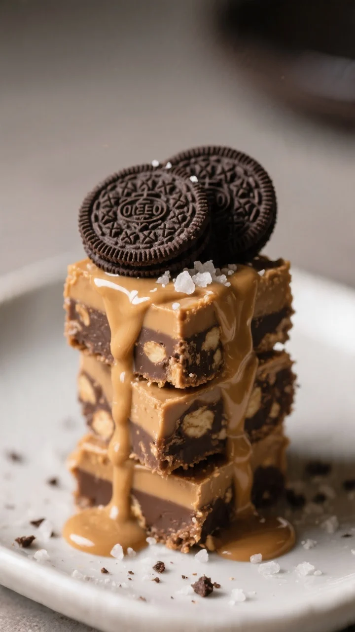 Final dish presentation: Restaurant-quality plate-up of Peanut Butter Oreo Fudge squares stacked in 