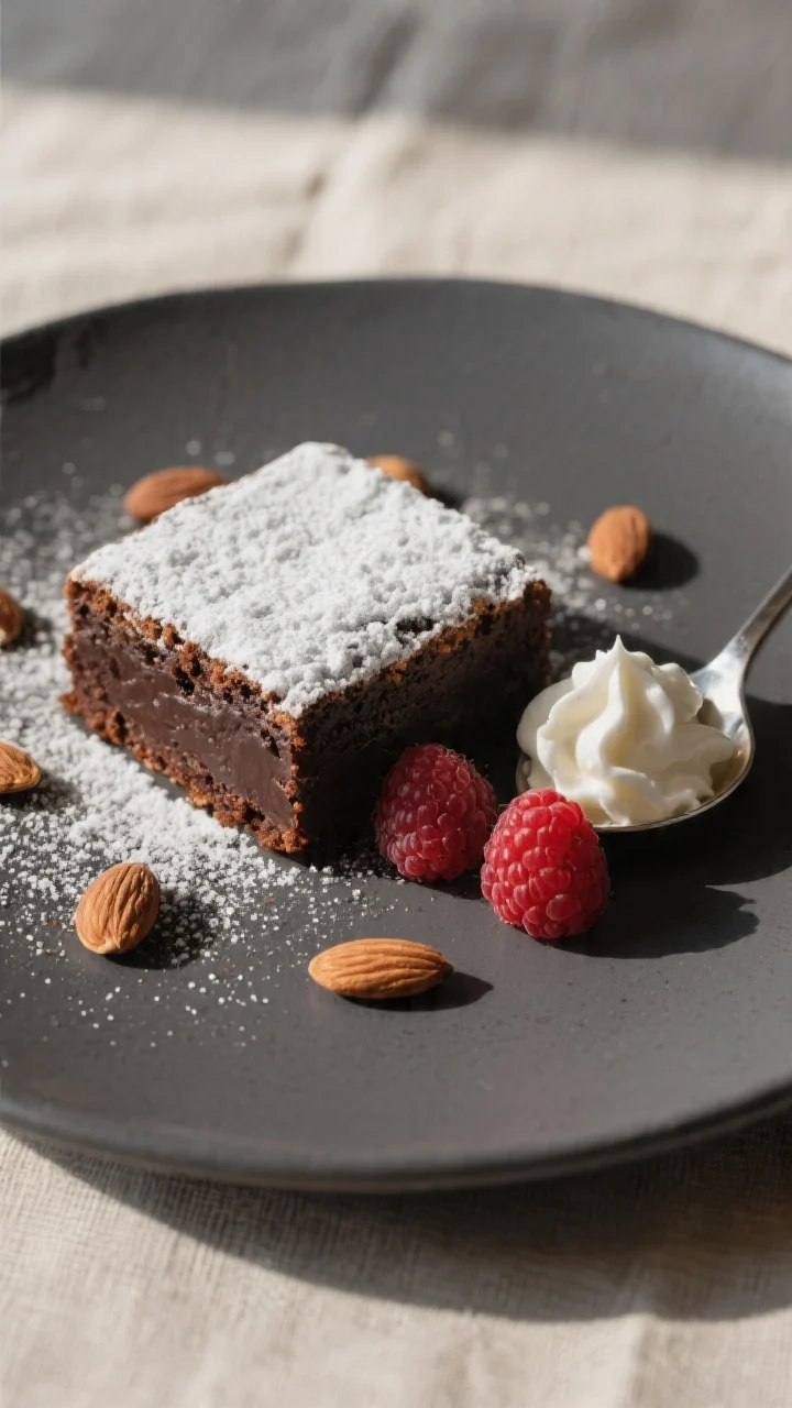 Final dish presentation: Restaurant-quality plated square of dark chocolate almond snack cake dusted