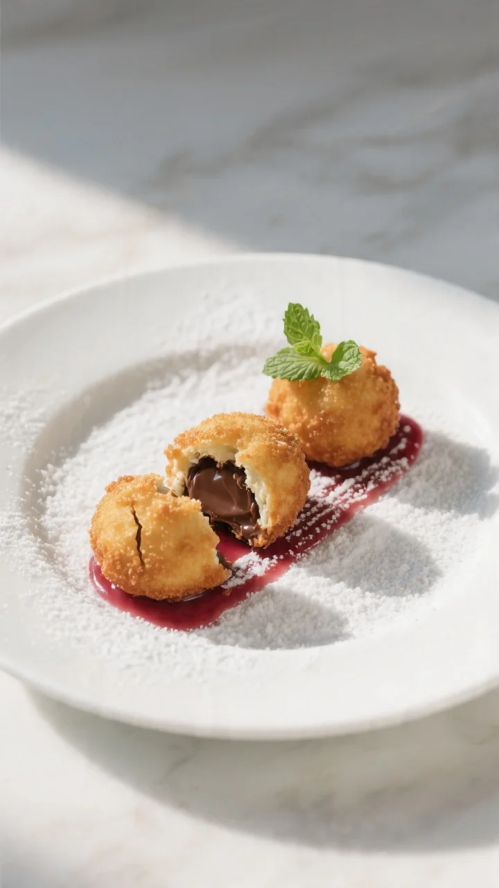 Final dish presentation: Restaurant-quality plating of three deep-fried Nutella Oreos on a white cou