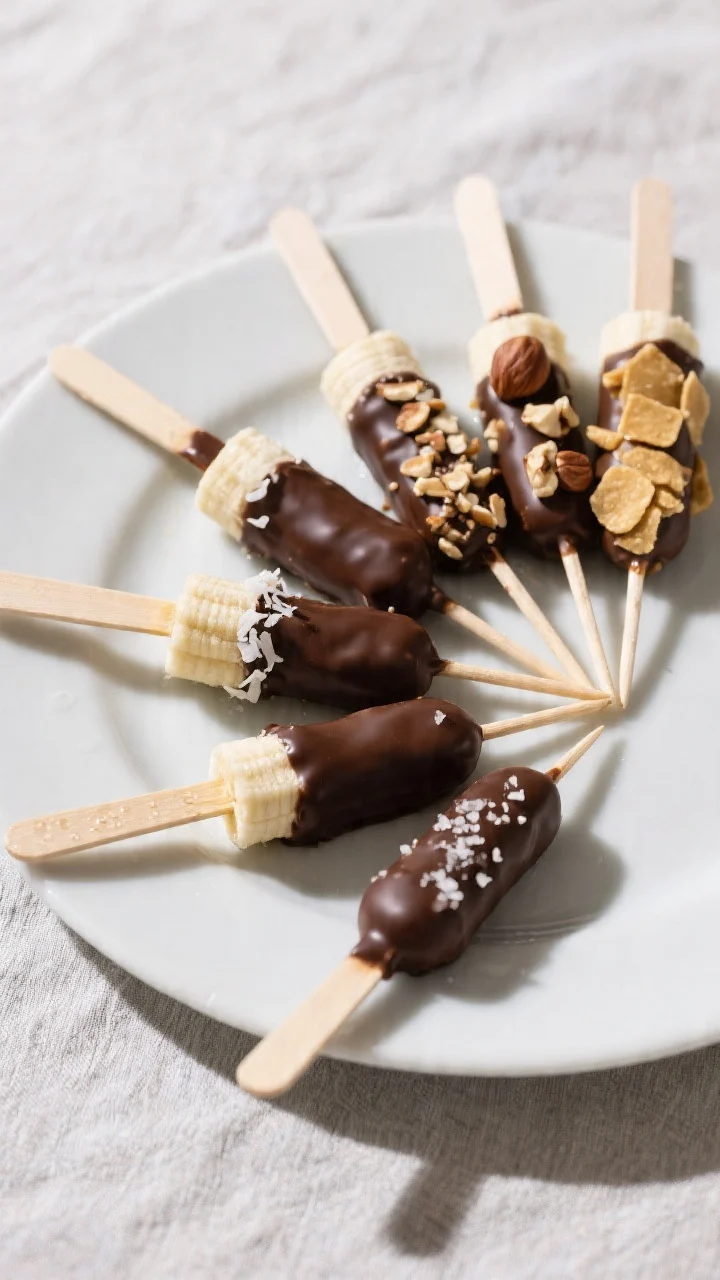 Final dish presentation: Restaurant-quality platter of fully set Nutella Peanut Butter Banana Pops a