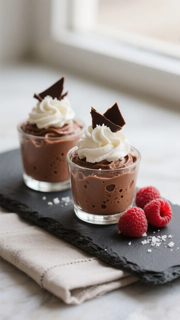 Final dish presentation: Restaurant-worthy chocolate mousse served in small clear tumblers, topped w