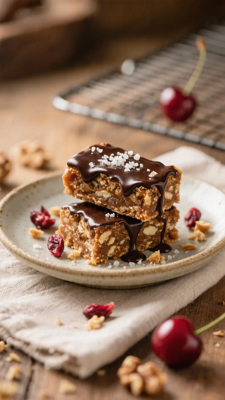 Final dish presentation: Two bars stacked on a small ceramic plate with a drizzle of melted dark cho