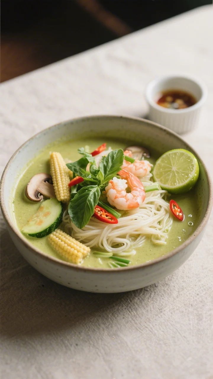 Final dish, restaurant-quality plating: A deep ceramic bowl of Thai green curry soup ladled over a n