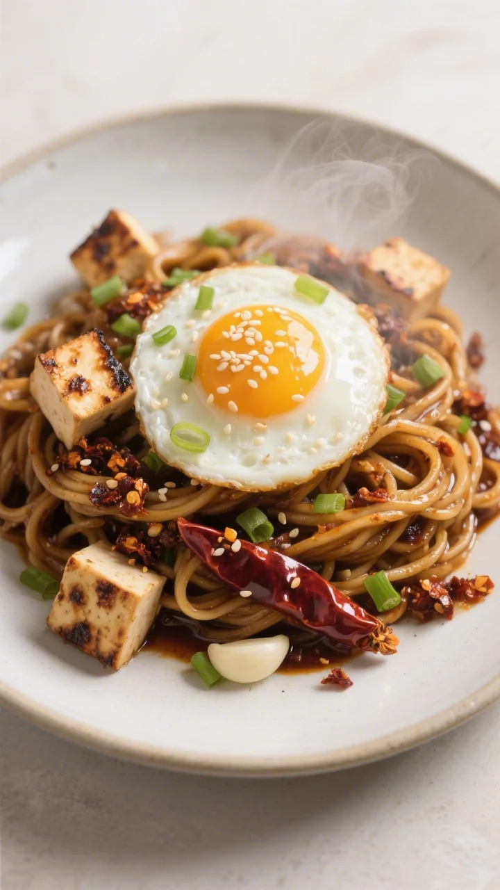 Final plated detail: Extreme close-up of a restaurant-style plate of chili garlic noodles with add-i