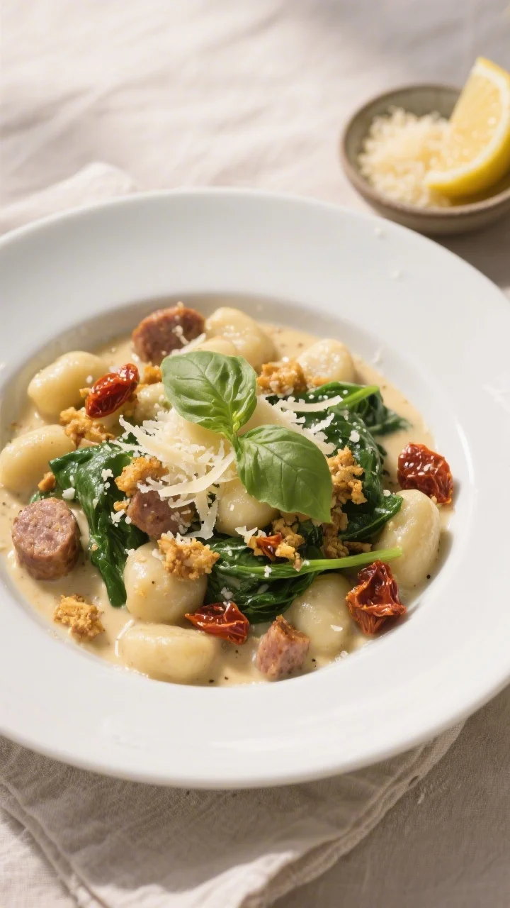 Final plated dish, restaurant-quality presentation: A shallow white bowl of One Pan Creamy Gnocchi W