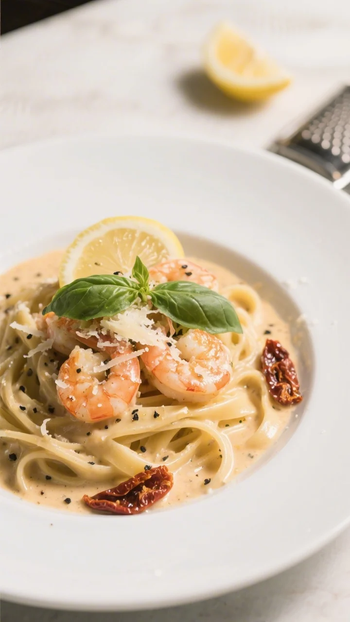 Final plated dish, restaurant-quality presentation: Creamy garlic Tuscan shrimp spooned over al dent