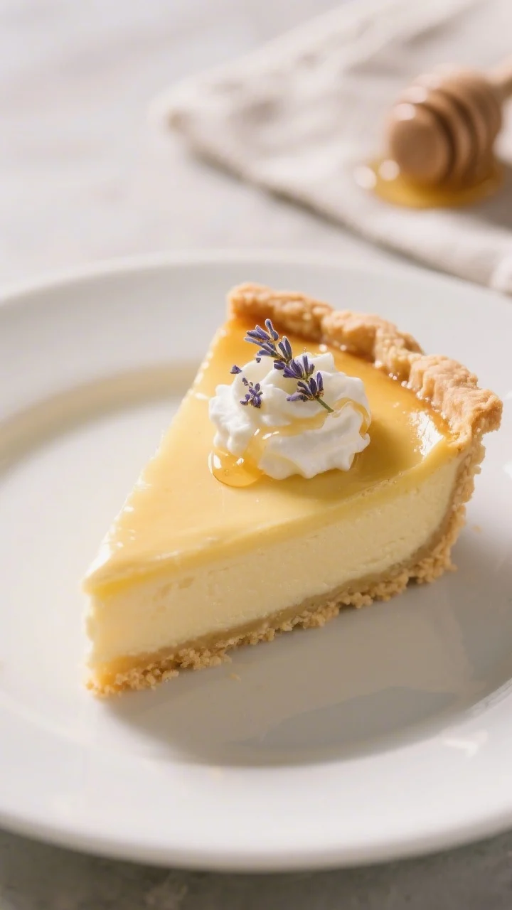 Final plated slice beauty shot: A perfectly cut slice of Honey Lavender Custard Pie on a matte white