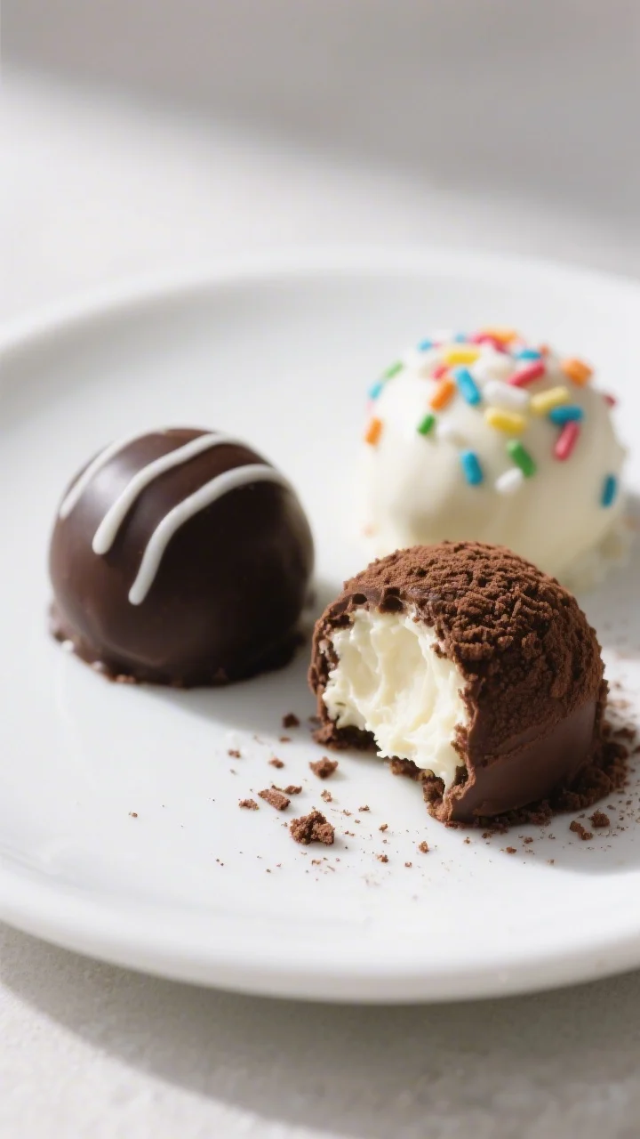 Final presentation beauty: Close-up hero shot of three perfectly round Oreo truffles on a white cera
