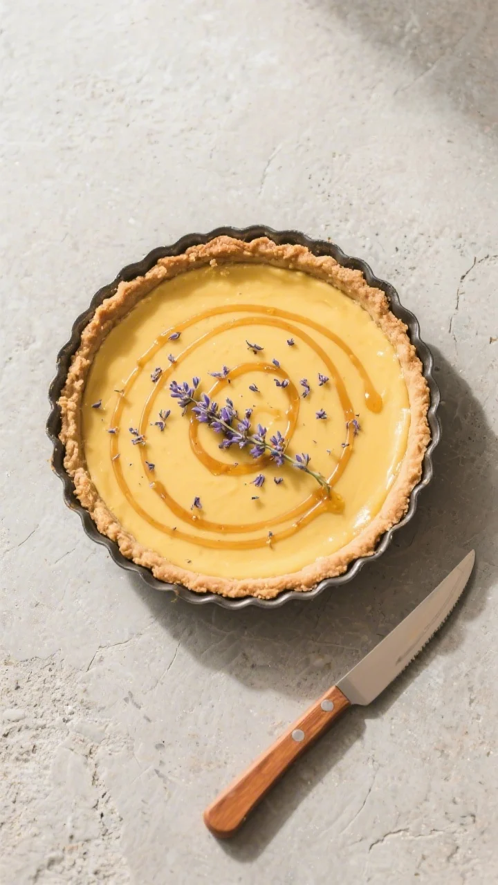 Overhead top-view presentation: Entire Honey Lavender Custard Pie in its pan on a neutral stone surf